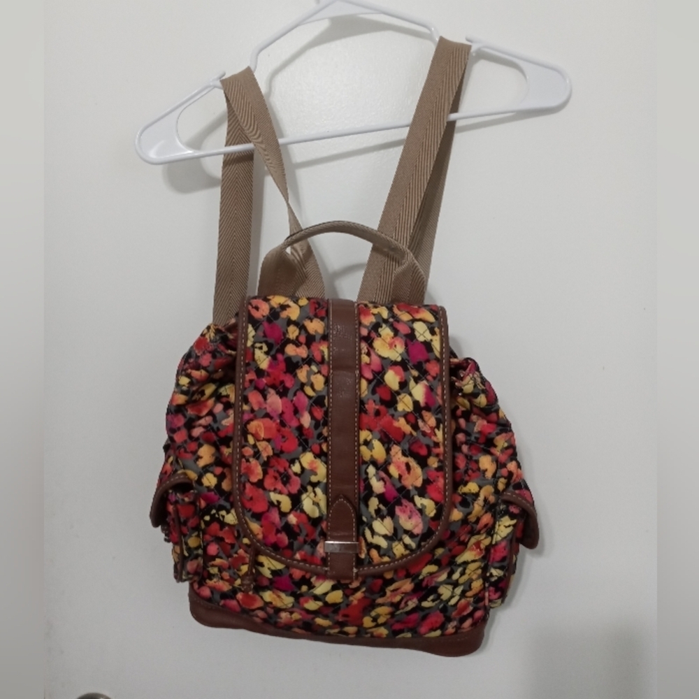 Vince Camuto Floral Cinch Backpack Brown Trim beige Straps